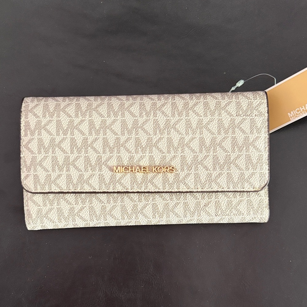 Michael Kors Beige MK Signature Continental Wallet with Gold Logo